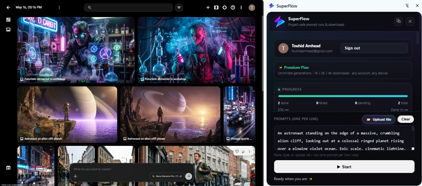 SuperFlow side panel running on Google Flow